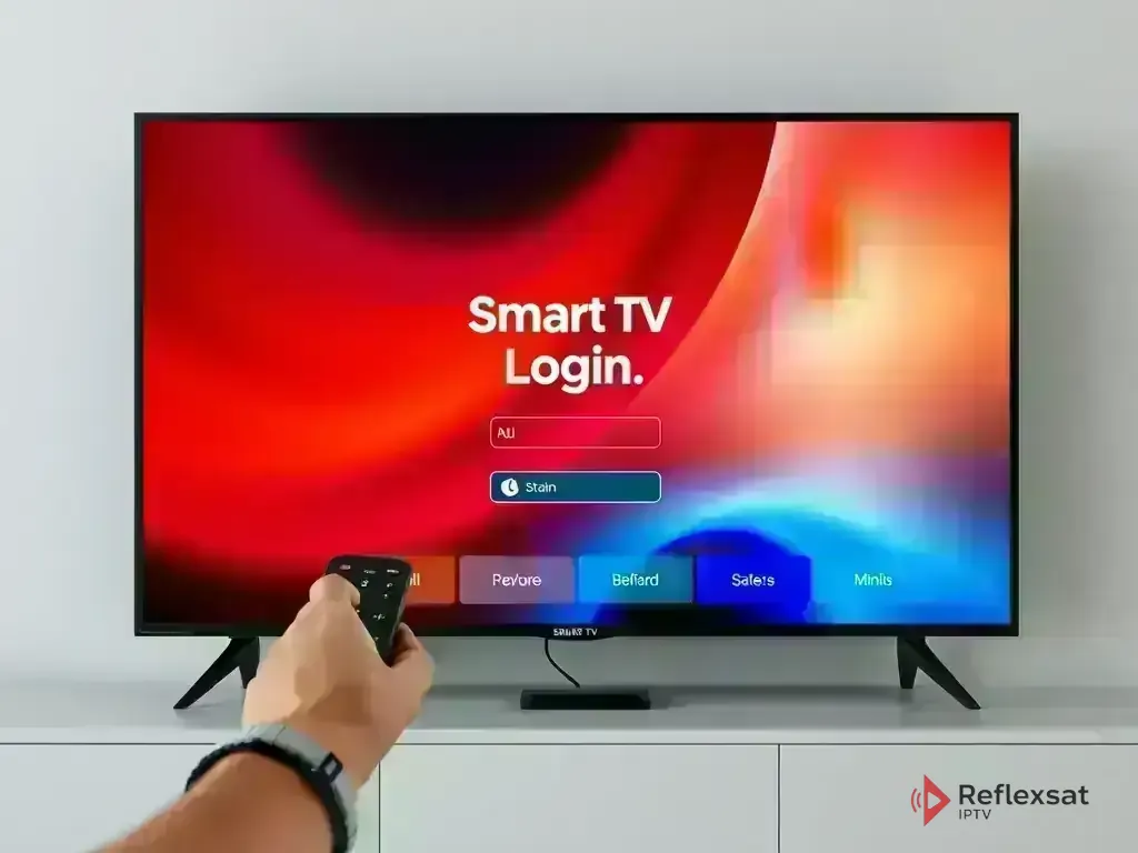 Smart TV login screen with remote control